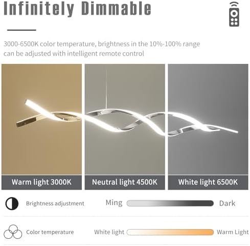 Mikeru Modern Wave Pendant Light, 120cm Dining Table Lights 3000K/4500K/6500K Dimmable 10% to 100% Height Adjustable Island Lighting 1cm to 150cm Chrome LED Chandelier for Living Room