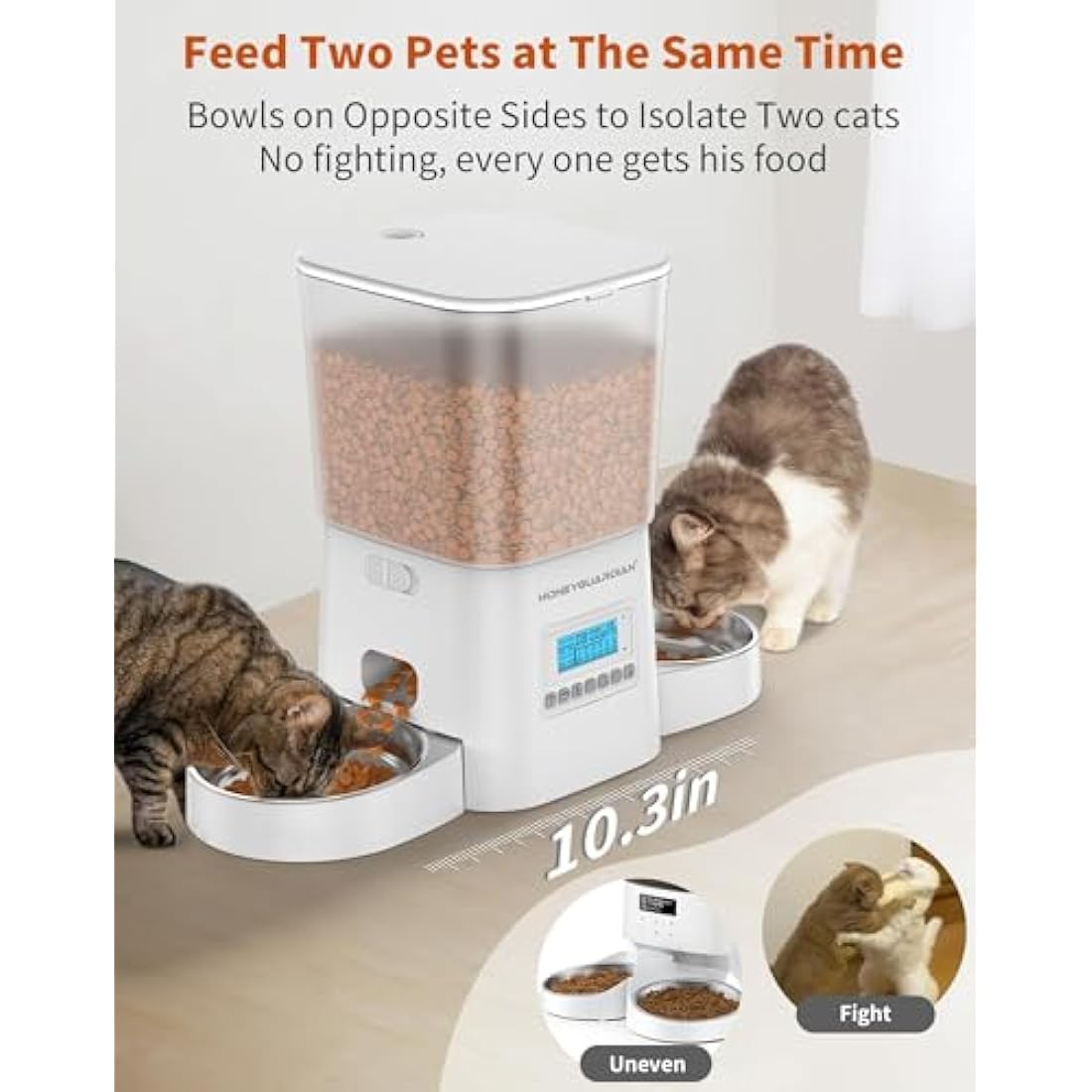 HoneyGuaridan 3.5L Automatic Cat Feeder for Two Cats, Food Dispenser With Stainless Steel Bowl, Timed Programmable 1-6 Meals Control, Dual Power Supply, 10s Meal Call