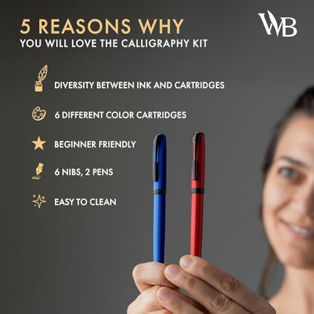 Wordsworth & Black Calligraphy Pen Set - Blue - Includes 2 Pens, 18 ML Ink Bottle, 60 Cartridges, 1 Medium & 4 Broad Nibs, Brush Pen - Calligraphy Kit for Beginners