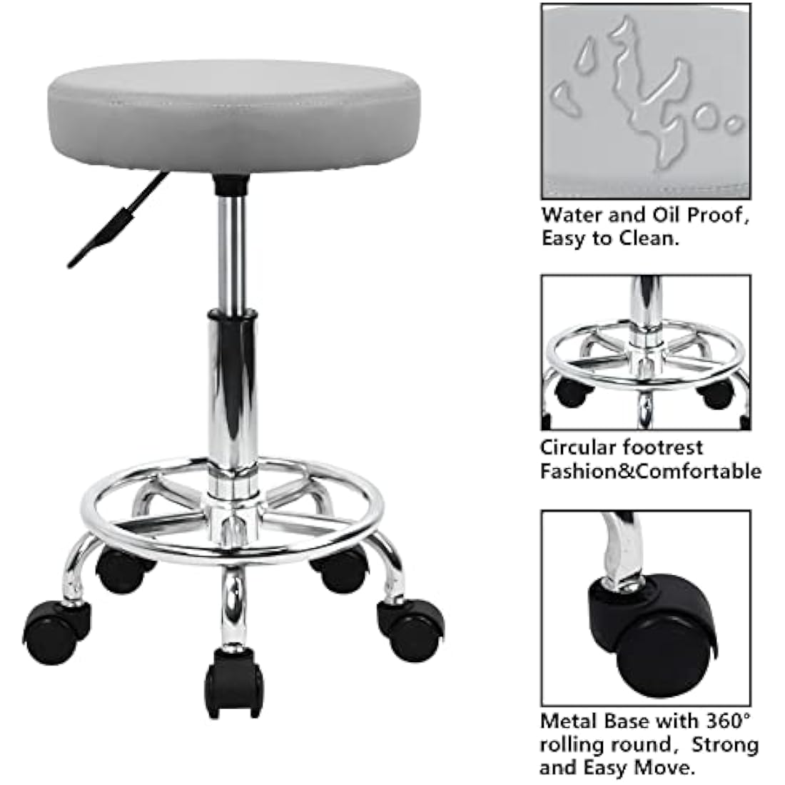 KKTONER PU Leather Round Rolling Stool with Foot Rest Swivel Height Adjustment Spa Drafting Salon Tattoo Work Office Massage Stools Task Chair Small (Gray)