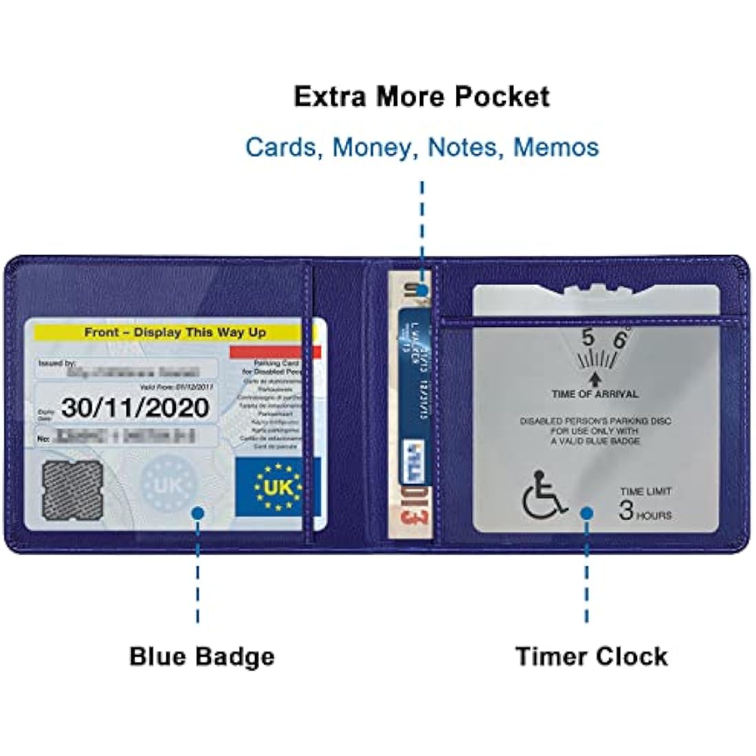 Wisdompro PU Leather Disabled Blue Badge and Timer Holder Wallet Protector Disability Parking Permit Discreet Cover Hologram Safe - Blue