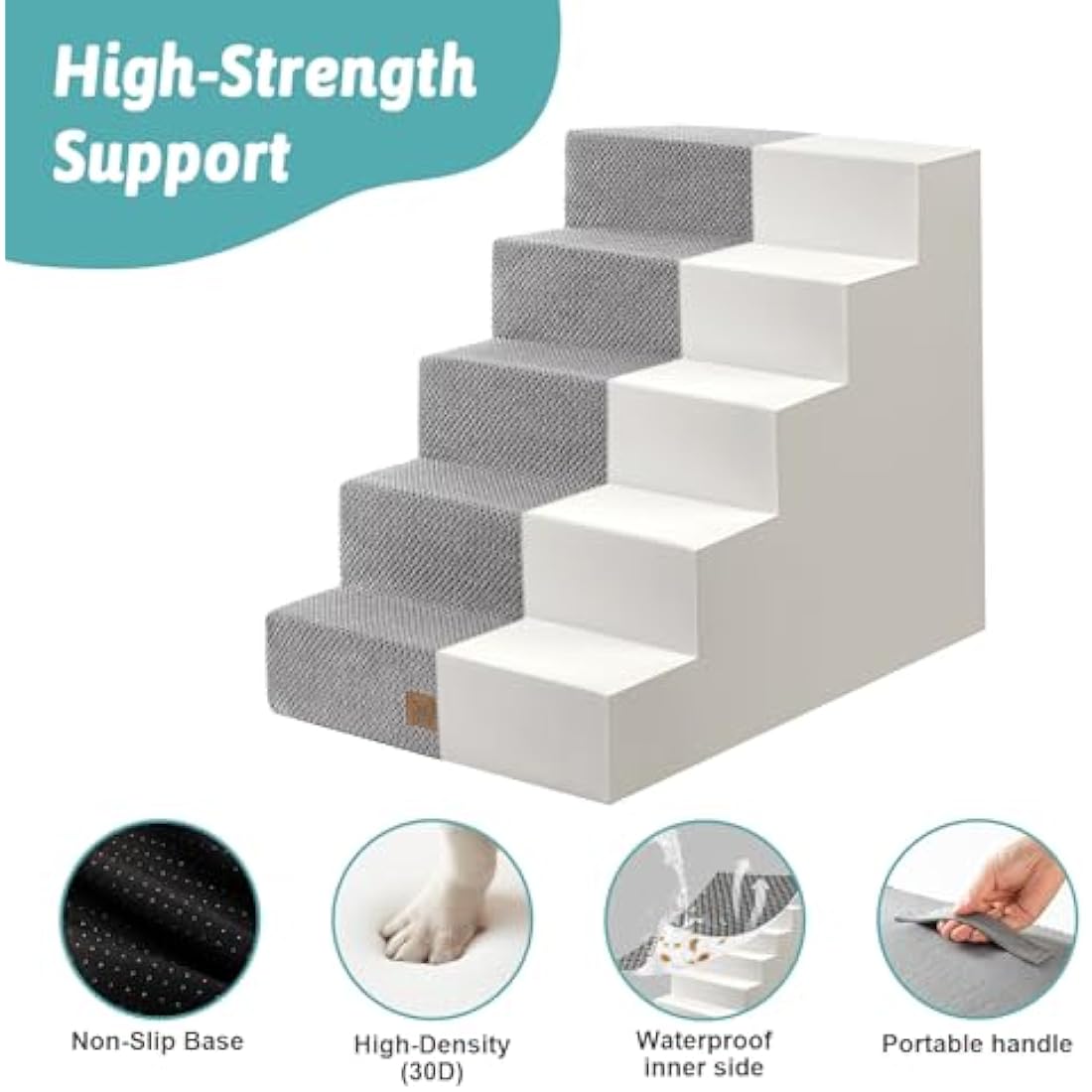 COZY KISS Wide Dog Stairs for Small Dogs, 19.7" Width Pet Stairs for High Bed Car, 60 cm High Non-Slip Dog Steps for Old Cats, Puppies, Small Medium Dogs, 75x50x60cm, 5 Tiers, Grey