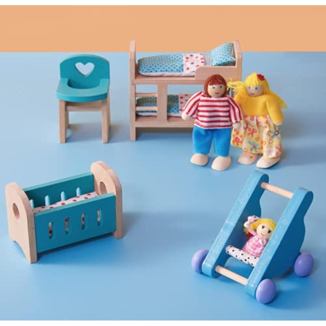 DecoBay Wooden Dolls House Furniture 4-6 Sets: Bedroom, Kitchen, Bathroom, Living Room With Family (5 Rooms and 7 Dolls)