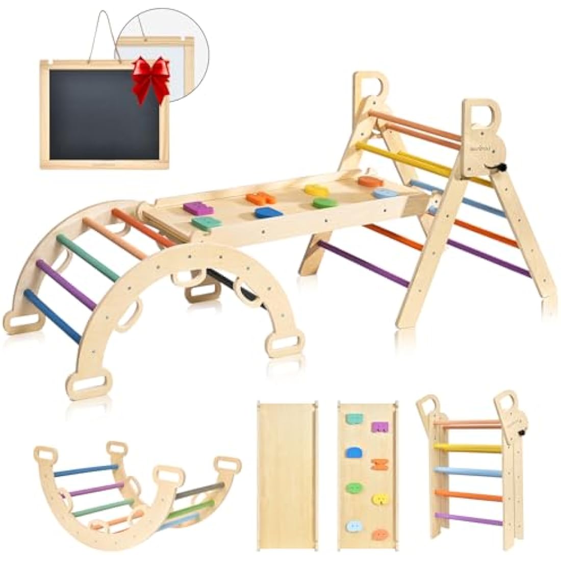 BlueWood Triangle Set, 7-in-1 Foldable Wooden Toddler Climbing Toys Indoor Playground Jungle Gym Montessori Climber for 2-6 Years Old, Baby, Kids (Rainbow)