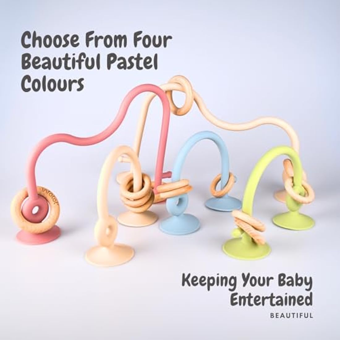 Infatot® Teething Suction Toy – Wood & Silicone Baby Toys 0-6 Months, Sensory Toy for Early Development, Suction Teether for High Chair, Baby Gift for Boys and Girls - Cream