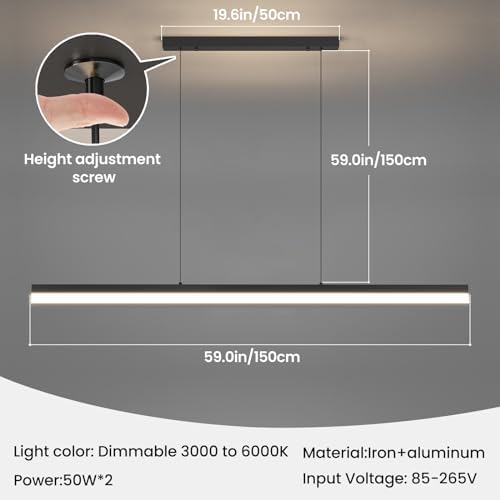 Mikeru 150CM Pool Table Lights, LED Linear Pendant Light 10% to 100% Dimmable Height Adjustable Chandelier with Memory Function 3000K/4500K/6000K Minimalist Island Light for Office, Living Room