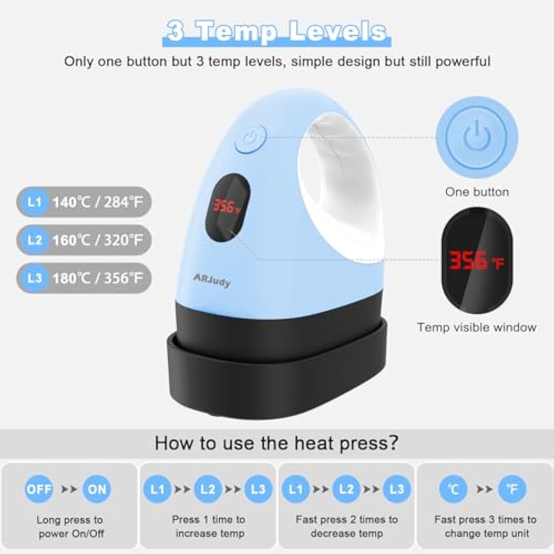 Mini Heat Press Machine, Mini Heat Transfer Iron Press, 3 Heat Settings & Visible Temp, Portable Heat Press Easy for Crafts, T-Shirt, Hats, Shoes, Bags, Cap, and Small HTV Vinyl Projects