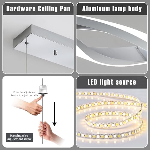 Mikeru Modern Wave Pendant Light, 120cm Dining Table Lights 3000K/4500K/6500K Dimmable 10% to 100% Height Adjustable Island Lighting 1cm to 150cm Chrome LED Chandelier for Living Room