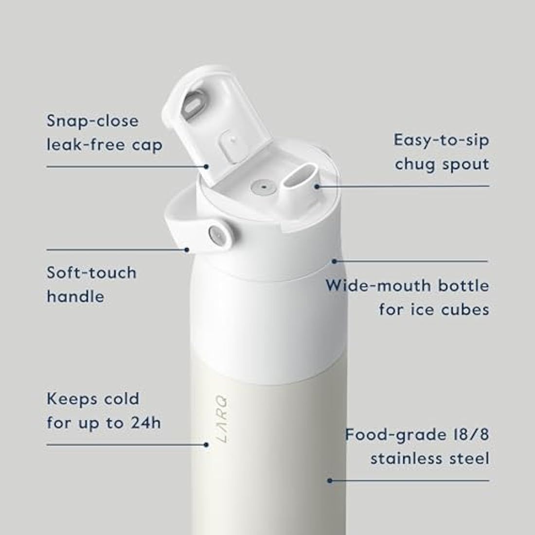 LARQ Bottle Swig Top 34oz - Insulated Stainless Steel Water Bottle with Built-in Silicone Handle | Thermos, BPA Free | Reusable Water Bottle for Sports, Gym, and Travel, Granite White