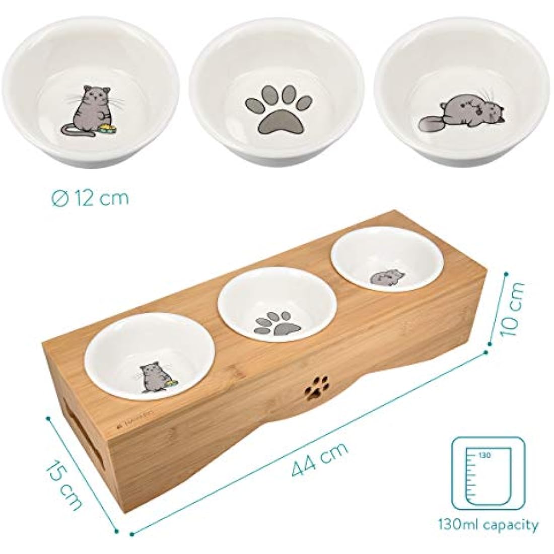 Navaris Raised Cat Bowls - Elevated Triple Cat Food Bowl Feeder - Ceramic Feeding Dishes with Bamboo Stand - 3 Dish Feeding Station Set with Printed Designs