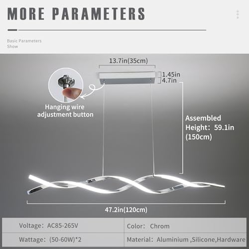 Mikeru Modern Wave Pendant Light, 120cm Dining Table Lights 3000K/4500K/6500K Dimmable 10% to 100% Height Adjustable Island Lighting 1cm to 150cm Chrome LED Chandelier for Living Room