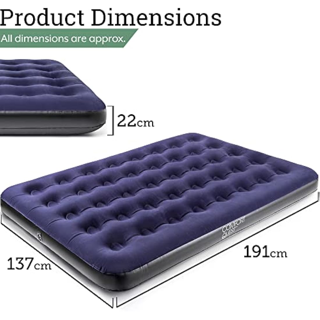 Comfort Quest Double Airbed, Inflatable Guest Air Bed, Blow Up Camping Mattress, Flocked Surface, Coil Beam Construction, L191cm x W137cm x D22cm, Max Weight 295kg