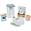 Tender Leaf Toys Dolls House Bathroom Furniture - Wooden Bathroom Suite with Bath, Shower, Toilet and Sink Unit for Dolls 10-12cm Tall