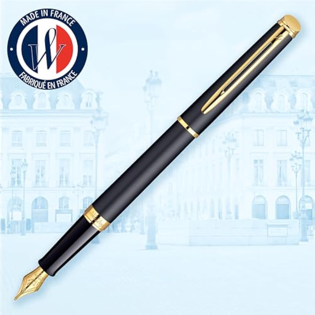 Waterman Hémisphère Fountain Pen | Matte Black with 23k Gold Trim | Medium Nib | Blue Ink | Gift Box