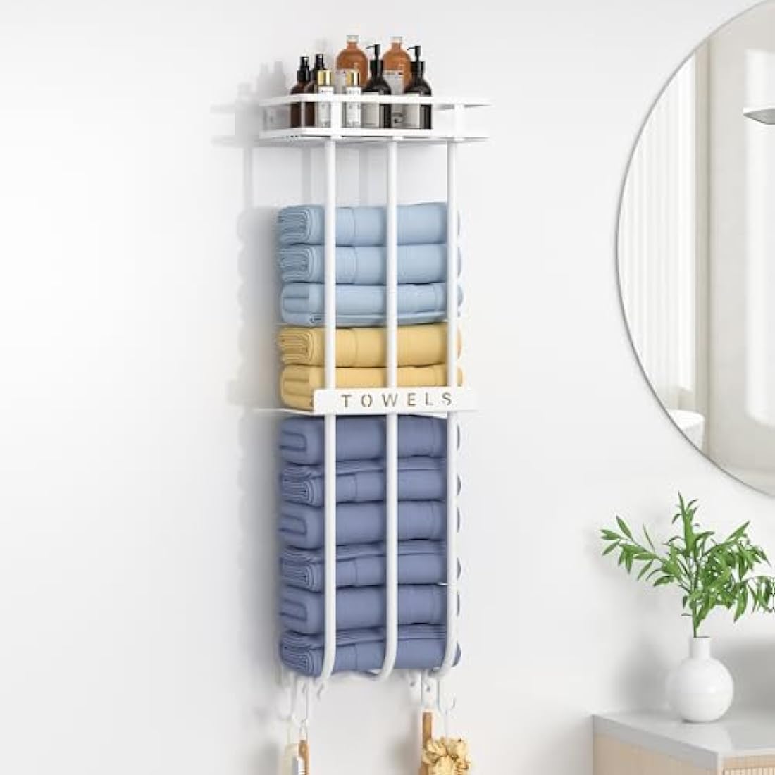 AIRUJIA Wall Mounted Towel Rack with Storage Shelf, Bathroom Towel Holder with 4 Hooks, White