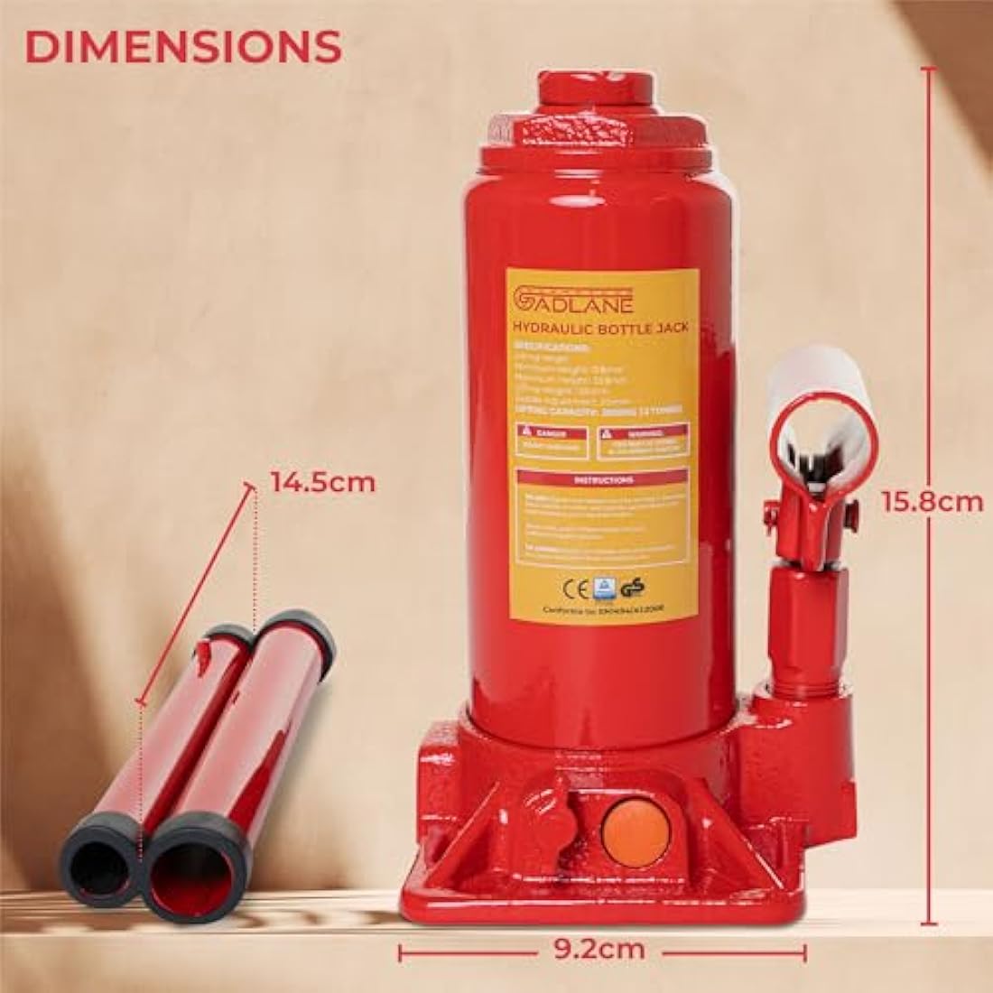 GADLANE Hydraulic Bottle Jack 2 Tonne - Powerful, Durable Alloy Steel Hydraulic Jack with 2 Tonnes Lifting Capacity (2000kg), Safety Overload Valve & Quick-Fit Handle - For Small Cars/Vans - 2 Tonne
