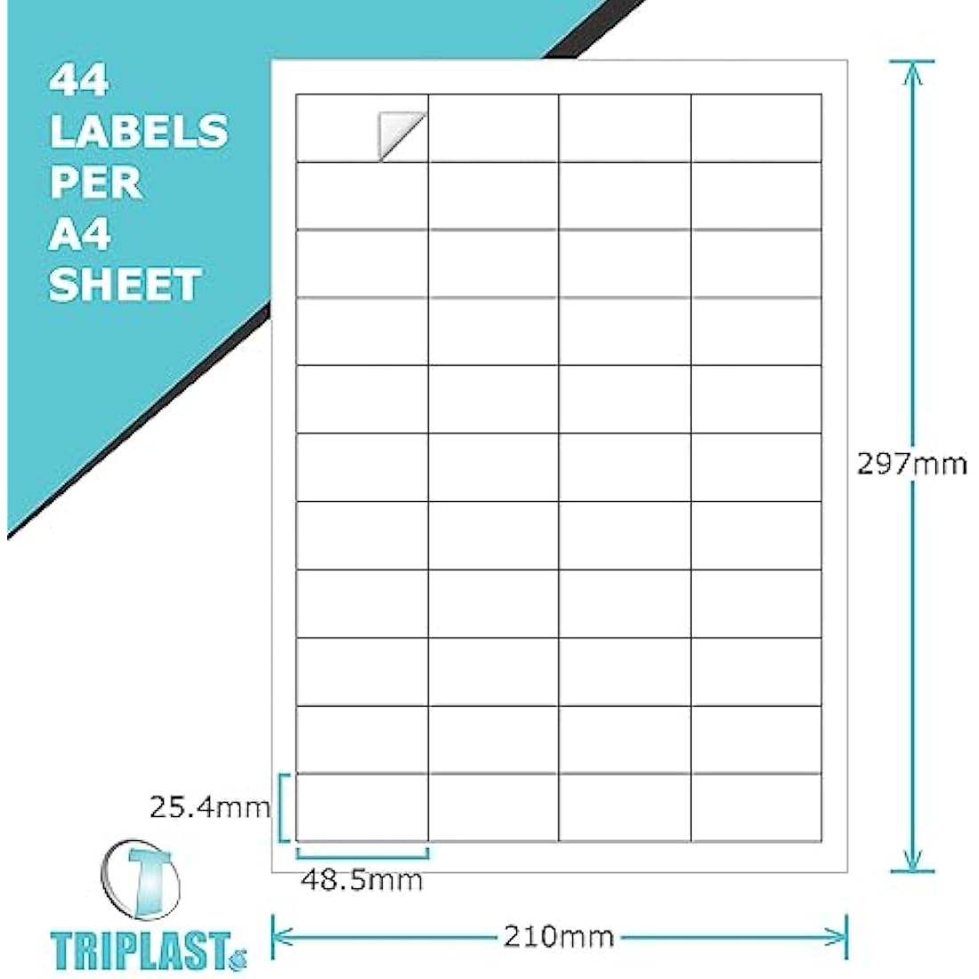 Triplast 100 x Multipurpose A4 Label Sheets - 44 Labels Per Sheet (48 x 25mm Each) - Easy Peel White Labels for Inkjet & Laser Printer - Address Labels, Shipping Labels, File Labels, DIY Stickers