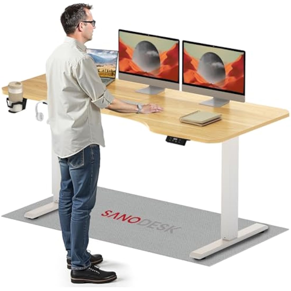 SANODESK 160×75CM Electric Standing Desk Height Adjustable Corner Standing Desk Sit Stand Table Adjustable Desk with Memory Smart Pannel for Home Office