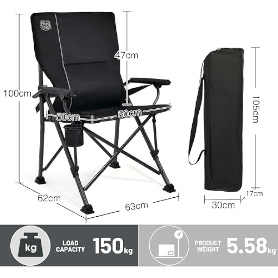TIMBER RIDGE Folding Camping Chair 150kg High Back Portable Folding Chair with Cup Holder Hard Armrest Fishing Chair for Camping, Picnic, Garden, Balcony