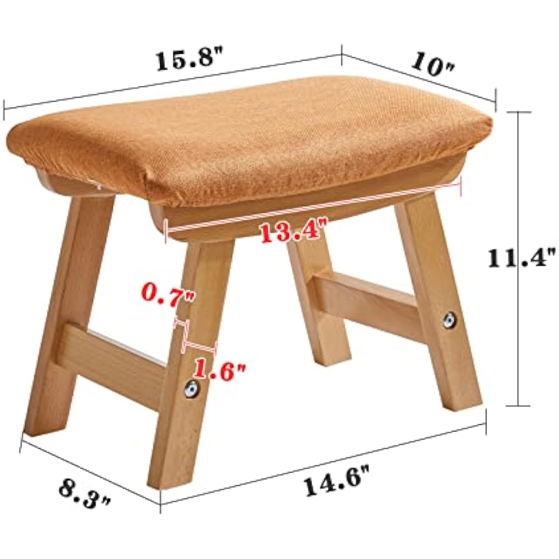 Aibiju Wooden Footstool, Foot Stool Ottoman Pouffe Padded Chair Stool with Removable Cover 4 Beech Legs Suitable for Bedroom, Living Room and Kitchen,(Natural leg + Orange cushion),YDEU-1356