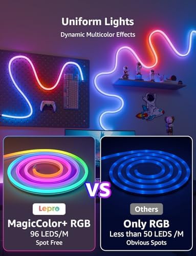 Lepro N1 AI Smart Rainbow Neon Light Strip 6M, 96 LEDs/M, Work with Alexa, Google Home, Music Sync, AI Lighting Design Assistant, IP65 Rope Light, MagicColor LED Light, App & Voice Control, No Remote