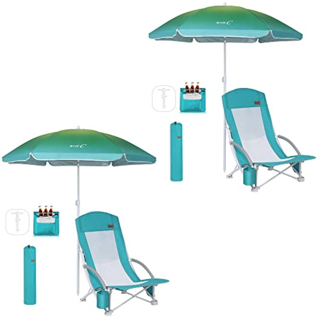Nice C Beach Chair, Camping chair, Beach Chairs for Adults, with UPF 50 Umbrella and Cooler Bag, High Back, Cup Holder,Carry Bag,Heavy Duty, Outdoor(2 pack blue)