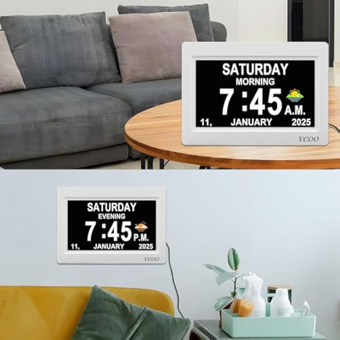 YCOO Dementia Clock, Day Date Digital Clock with Sun/Moon Icons, Large Clear Digital Display, Auto DST, 7 Display Modes, Wired Power Supply Clocks. (7 Inch White)