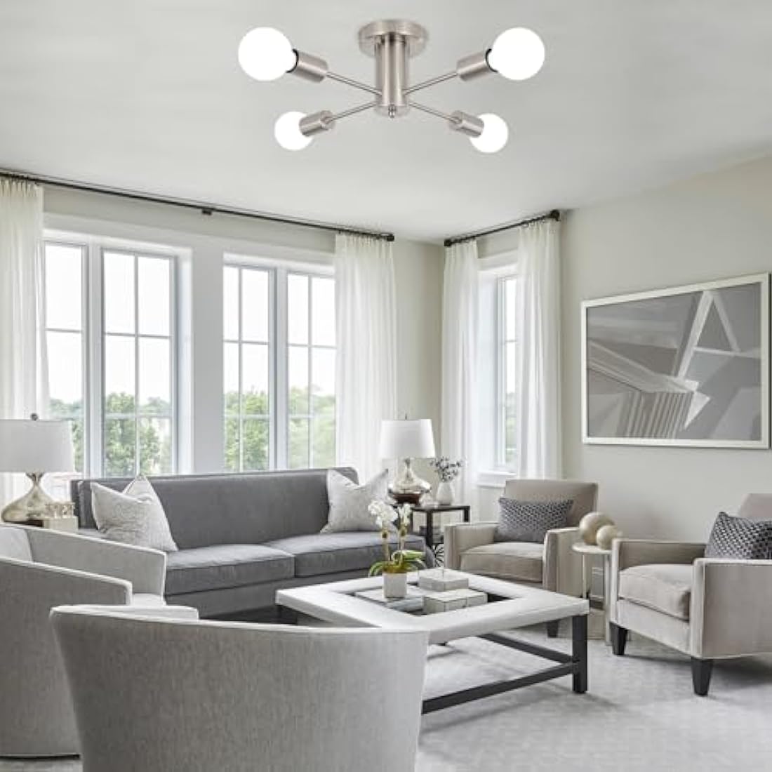 QAREHL Sputnik Ceiling Lights Living Room, 4 Lights Modern Chrome Ceiling Lights Mid Century Industrial Sputnik Chandelier for Bedroom, Kitchen, Dining Room, Hallway, Lounge