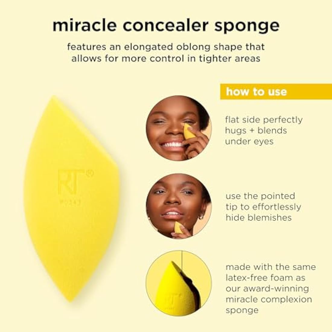 Real Techniques Miracle Concealer Sponge, Makeup Blending Sponge For Liquid and Cream Concealer, Elongated Shape For Precise Application Under Eyes and Tight Areas,1 Count