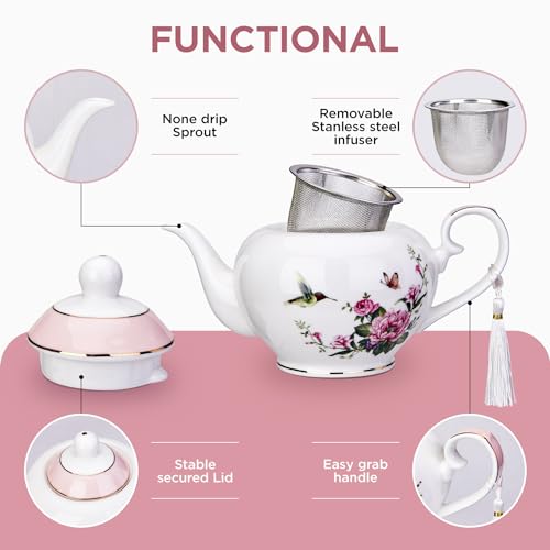 London Boutique teapot with Infuser - Tea Pot infusers for Loose Tea -700ml Capacity Perfect 2 Cup teapot -Easy Grab Handle Teapots (Rose Bird Butterfly Pink)
