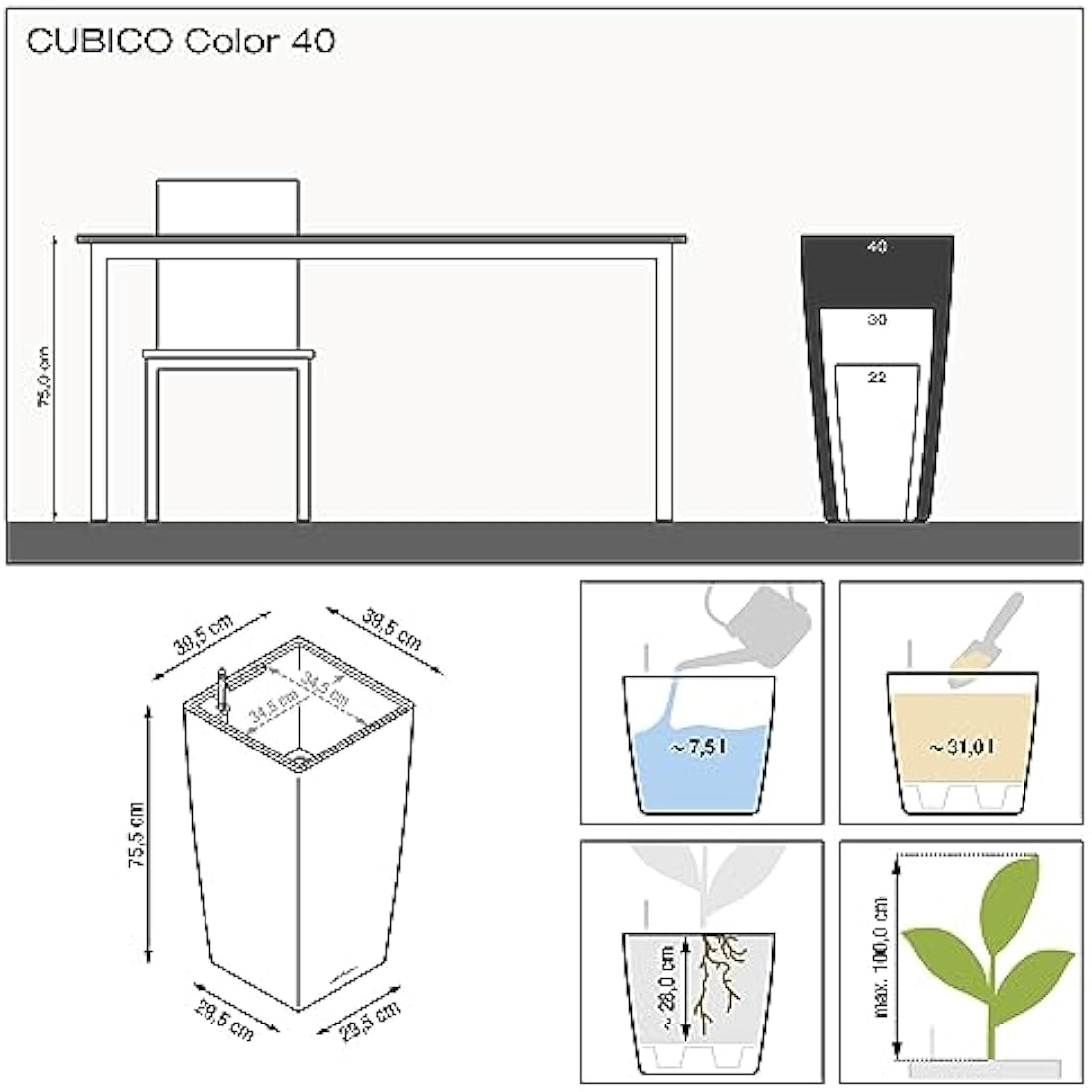 Lechuza CUBICO Color 40 Self Watering Planter Large Garden Plastic Indoor and Outdoor Flower Plant Pot with Drainage Hole H75 L40 W40 cm Nutmeg