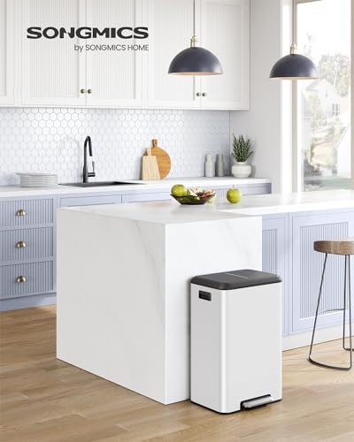 Songmics Kitchen Bin, 40L Pedal Bin with Lid, Rubbish Bin for Waste, Soft Close and Stays Open, Wide Pedal, White LTB541W4002