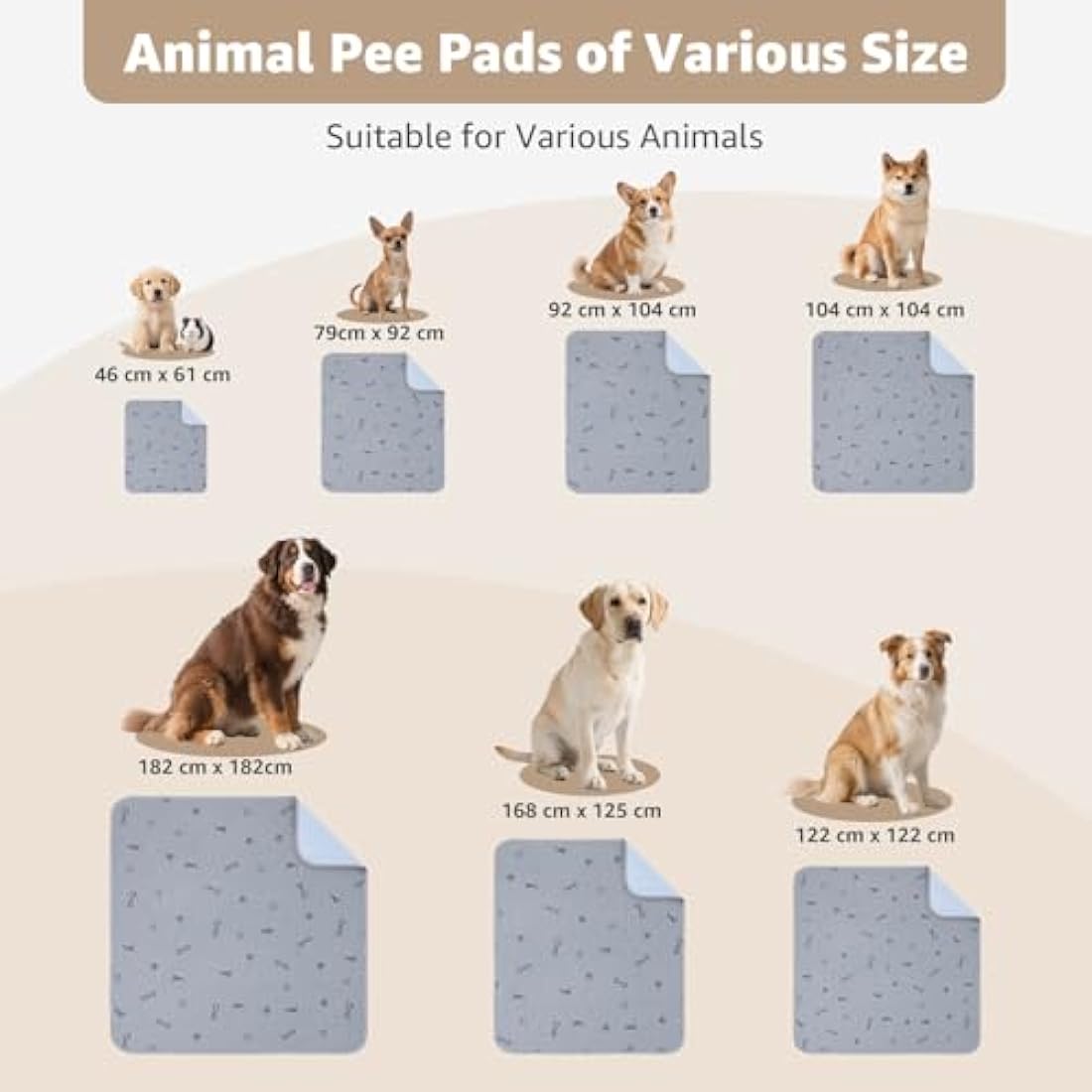 Washable Dog Pee Pad 168x125 Extra Large, Fast Absorbent Reusable Puppy Pads, Waterproof Pet Training Pads with Bone Print,Non-Slip Whelping Pad for Dog Playpen, Incontinence, Housebreaking