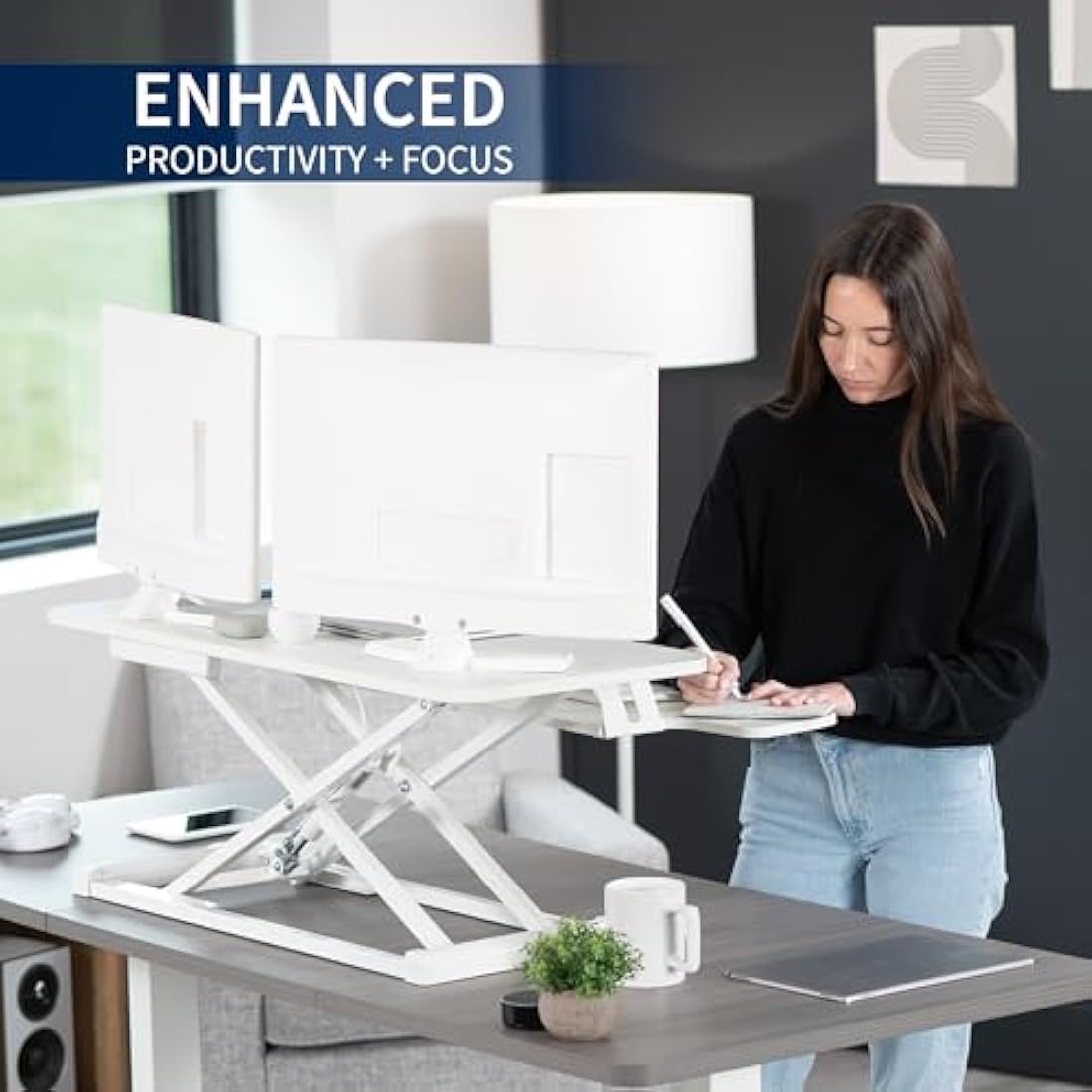 VIVO 91 cm Desk Converter, K Series, Height Adjustable Sit to Stand Riser, Dual Monitor and Laptop Workstation with Wide Keyboard Tray, White, DESK-V036KW
