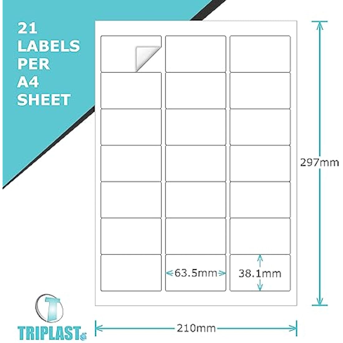 Triplast 100 x Multipurpose A4 Label Sheets - 21 Labels Per Sheet (64 x 38mm Each) - Easy Peel White Labels for Inkjet & Laser Printer - Address Labels, Shipping Labels, File Labels, DIY Stickers