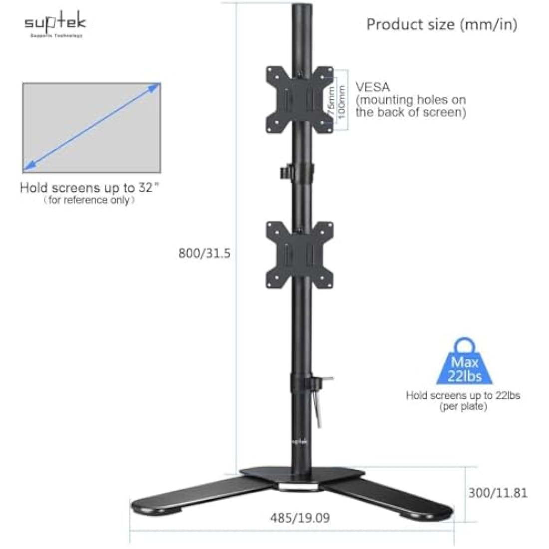 Suptek Dual Monitor Mount 80cm Tall Vertical Free Standing Stand for Two 13-27 inch Screens ML6802