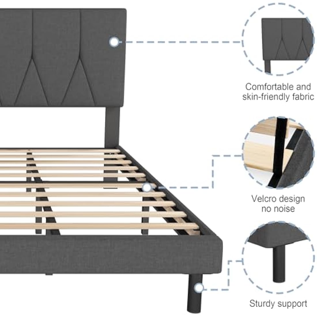 Yocreat Super King Bed Frame, Dark Grey, Upholstered Wooden Slat Bed Frame with Headboard, Easy Assembly, Underbed Storage, No Box Spring Needed 180×200