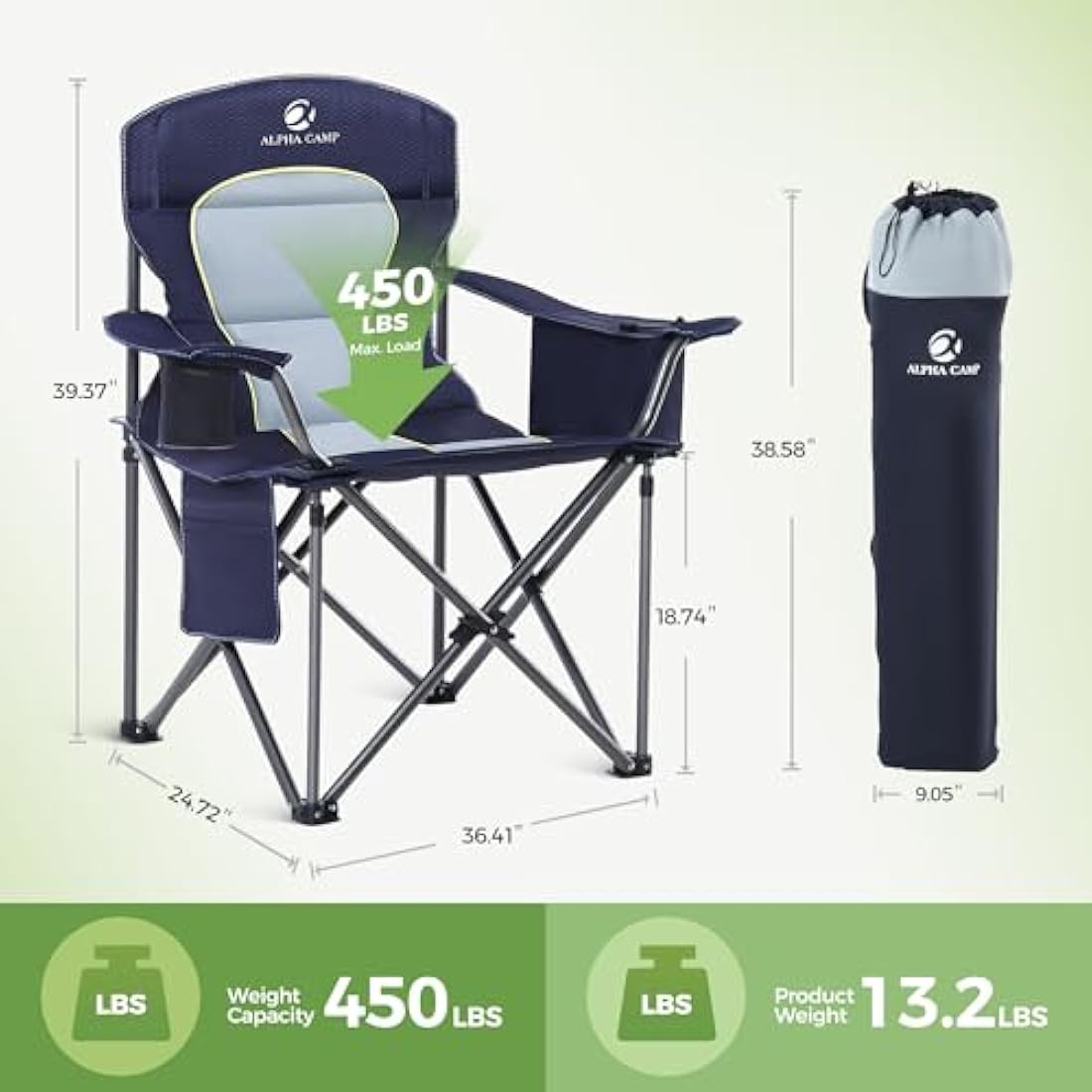 LET'S CAMP Folding Camping Chair Oversized Outdoor Chair with Drink Holders Cooler Bag, Support 200kg