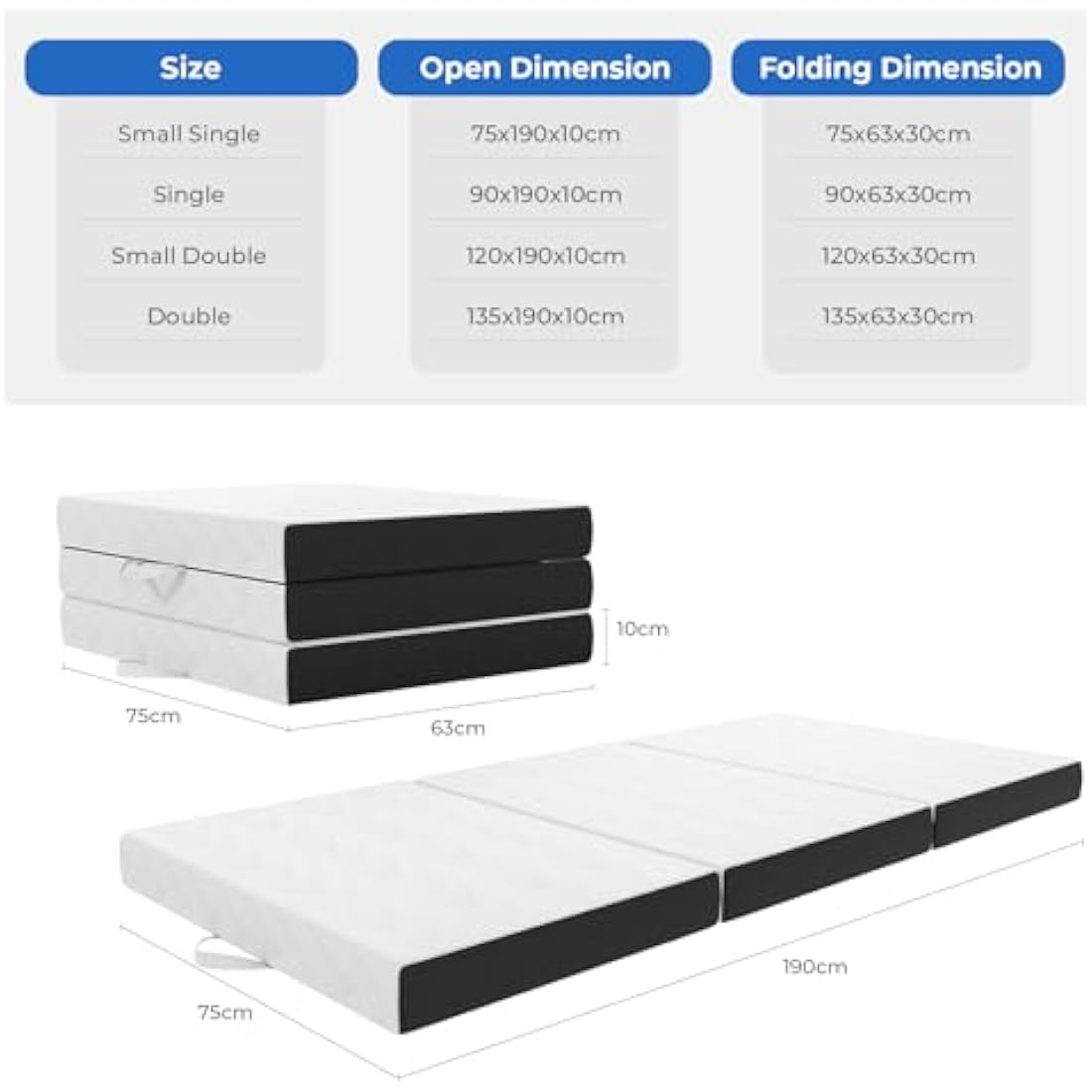 Vesgantti Folding Mattress Small Double, 10CM Gel Memory Foam Foldable Mattress Tri-fold for Travel, Camping, Guest Bed - 100-Night Trial, CertiPUR-US Certified