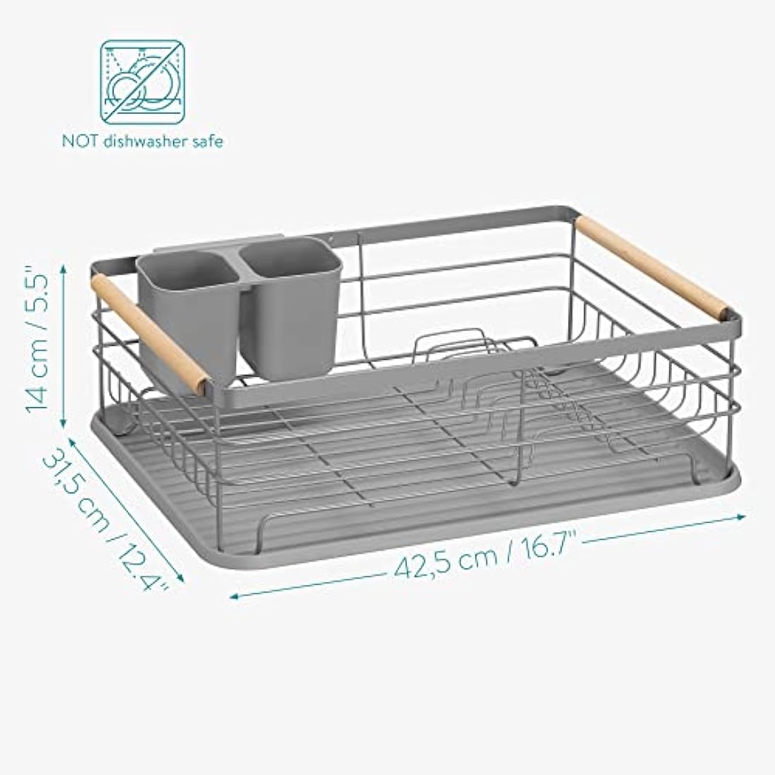 Navaris Dish Drainer Rack - Draining Rack with Beechwood Handles, Cutlery Holder and Drip Tray - Washing Up Dishes Drying Rack for Kitchen Sink - Grey