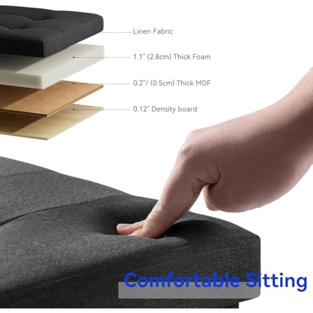 BRIAN & DANY Ottoman Storage Box with 4 Wood Legs, Linen Storage Ottoman for Living Room, Black, 76 x 38 x 38 cm