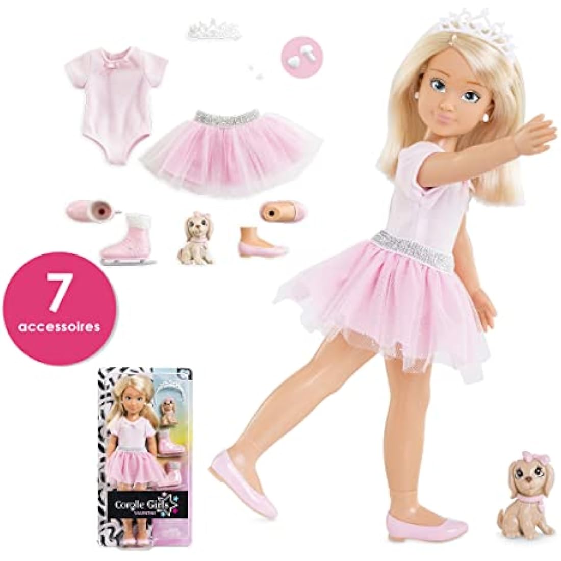 Corolle 9000600010 Girls Valentine Ballerina Set, Dressing Doll with Dog, with Crown, Earrings and Extra Ice Skates, 28 cm Toy Doll with Vanilla Fragrance, from 4 Years