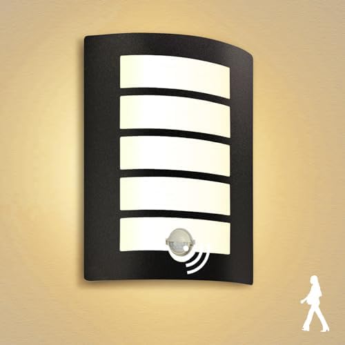 Wondlumi Outdoor Wall Lights Mains Powered 240V PIR Motion Sensor Curved Outside Wall Light Black IP44 Waterproof for Front Door, Incl. 12W LED E27 Bulbs Warm White