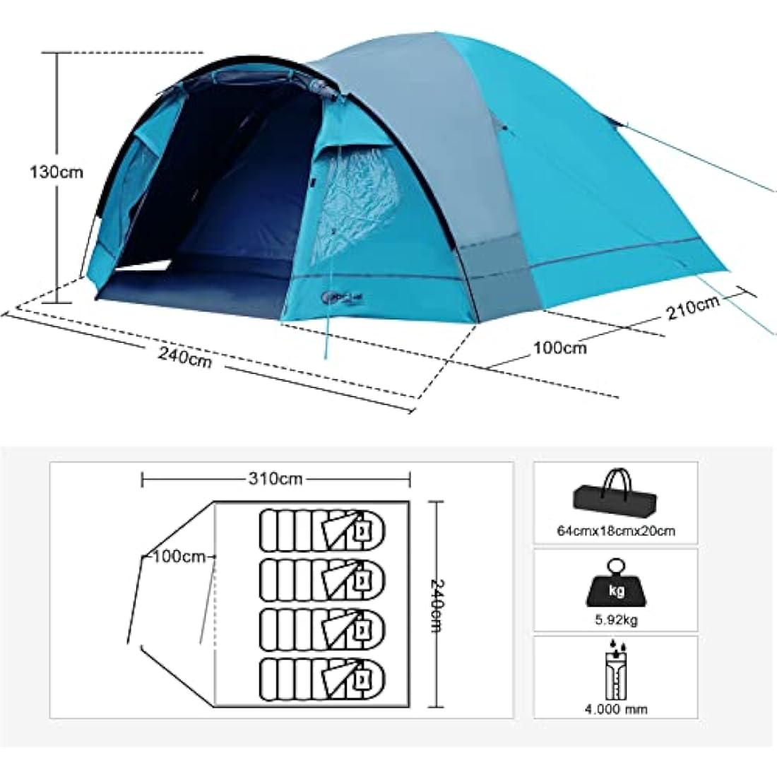 Portal 3-4 Man Tent with Porch, Camping Tent for 3 to 4 Persons with Sewn-in Groundsheet, 4000mm Waterproof Family Tent with Bedroom, Lightweight Dome Tent for Outdoor Garden Backpacking Hiking