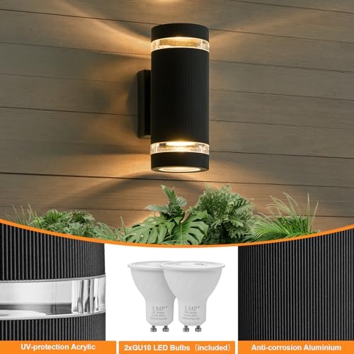 LMP Outdoor Wall Lights Mains Powered, Up Down Outside Lights Black, IP65 External LED Front Door Lamp Porch Light Electric, Exterior GU10 Round Lighting Sconce Wall Mounted for House