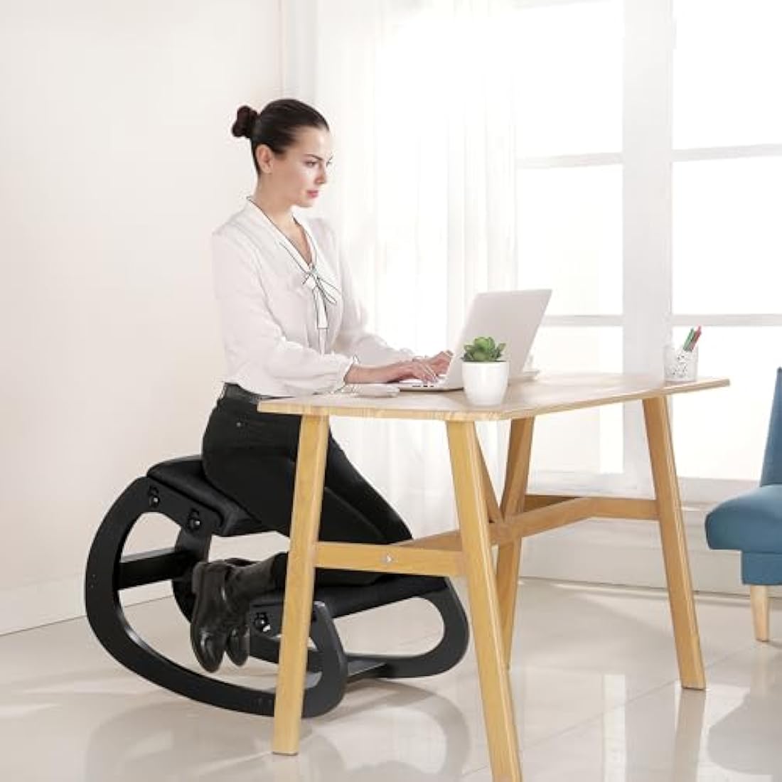 Predawn Adjustable Ergonomic Kneeling Chair – Rocking Posture Stool with Thick Cushion, Solid Wood Frame, Height Adjustable for Adults, Office or Home Meditation Seat for Back Pain Relief (Black)
