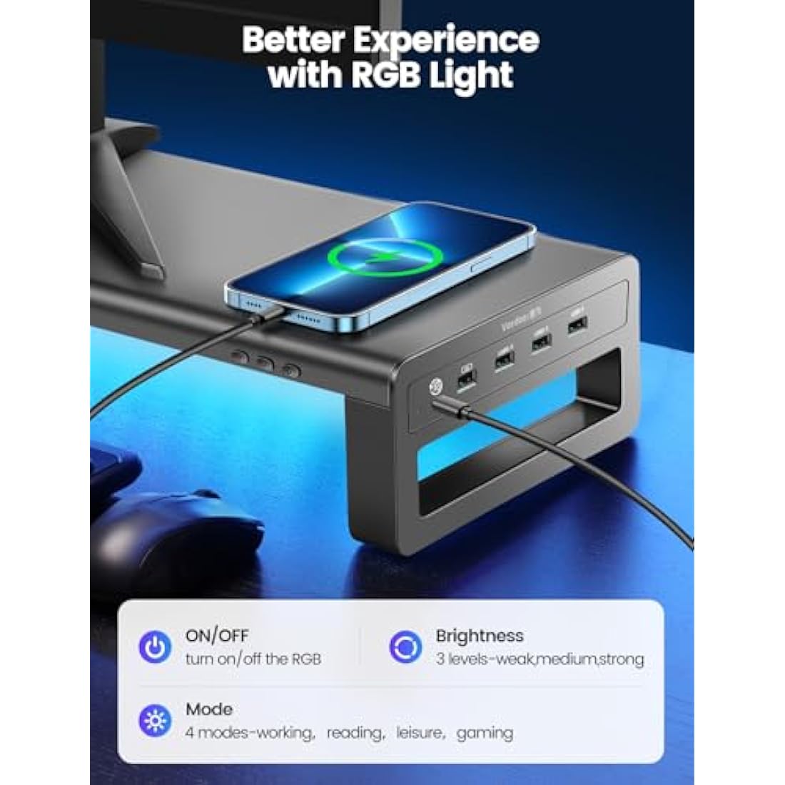 VAYDEER Monitor Stand with 4 USB 3.0 Ports, Metal Computer Screen Riser Lifter for Desk, Office PC Screen Shelf Tidy Space Saver Organiser for Laptop, Computer, iMac, up to 32 Inches - Black