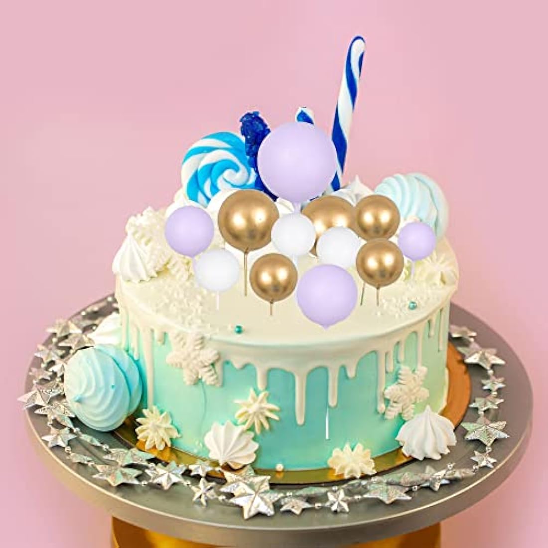 Gyufise 30Pcs Ball Cake Topper Ball Cake Picks Colorful Pearl Ball Shaped Cupcake Insert Cake Topper for Babyshower Birthday Party Favors Wedding Decoration Supplies Purple White Gold