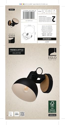 Eglo Indoor Wall lamp Lubenham, Vintage Wall Light in Industrial Design, Retro Wall Spotlight Made of Steel and Wood, Colour Black, Brown, Socket E27,