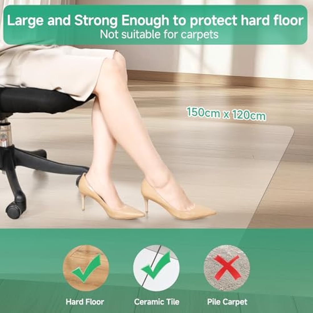 NATRKE Clear Office Chair Mat for Hard Floors, Large Transparent Desk Chair Mat PVC Computer Chair Floor Mat for Furniture Wooden Floor Protector for Home Office, BPA and Phthalate Free,120 x 150 cm